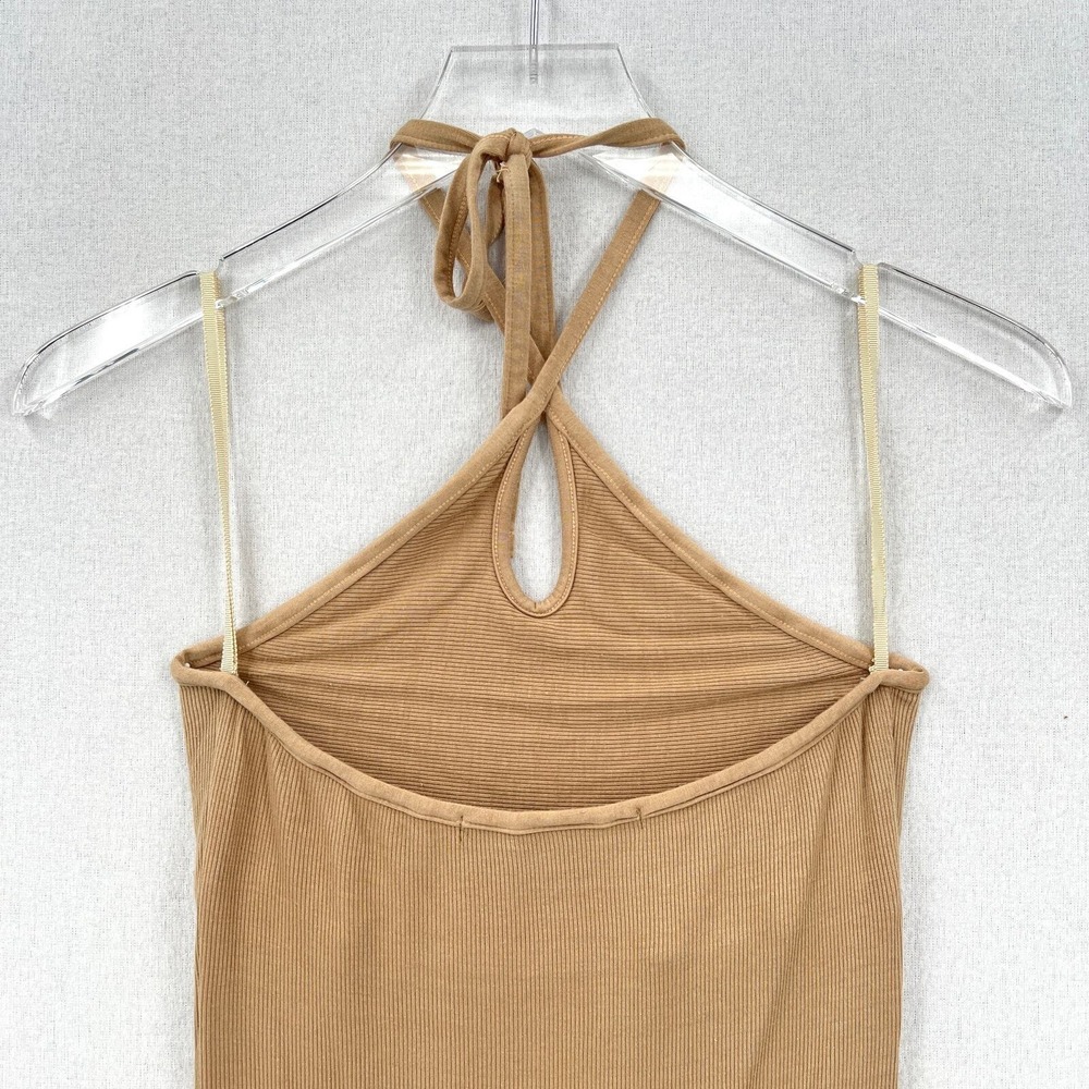 ENZA COSTA Halter Bodysuit Women Medium Tan Ribbed Silk Blend Keyhole Sleeveless - Picture 8 of 13
